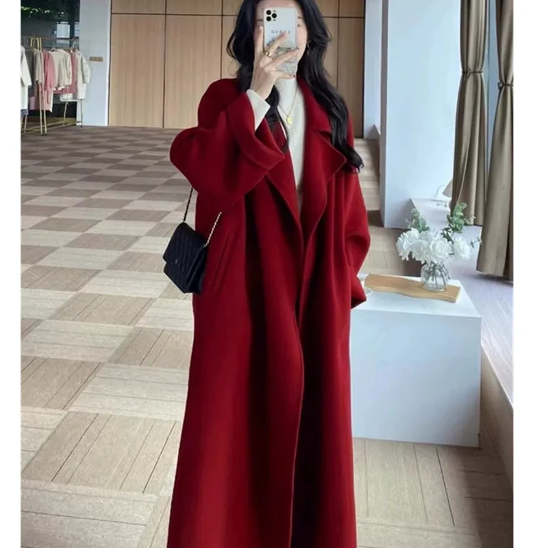 Red Double-sided cashmere Coat For women mid to long length 2026 Autumn Winter New Product Loose High-end Woolen Coats Female