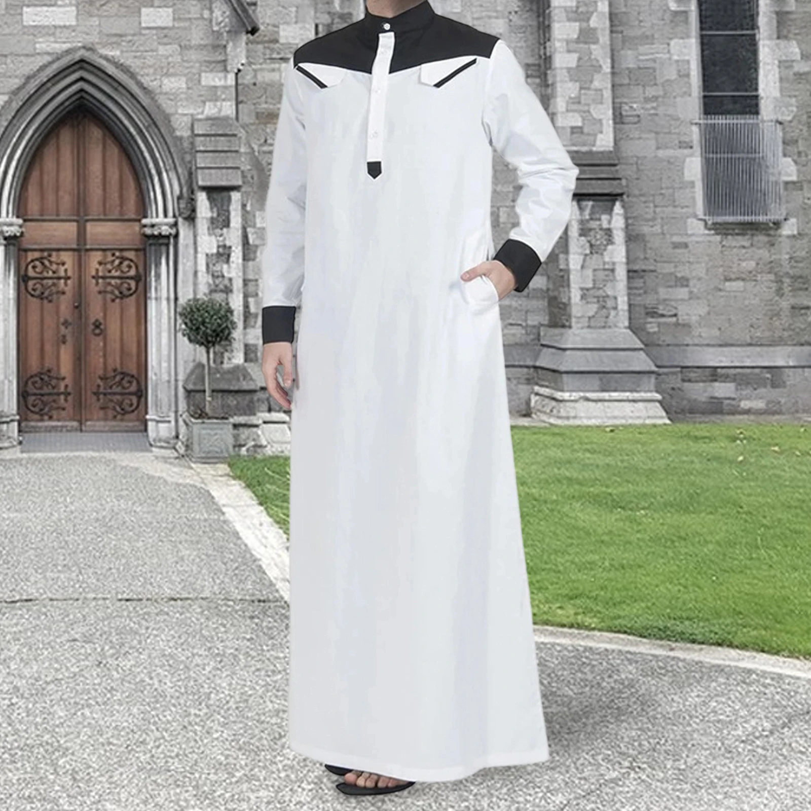 Arabic Robe for Men Fashionable Loose Long Sleeve Kaftan Casual Contrast Color Robe