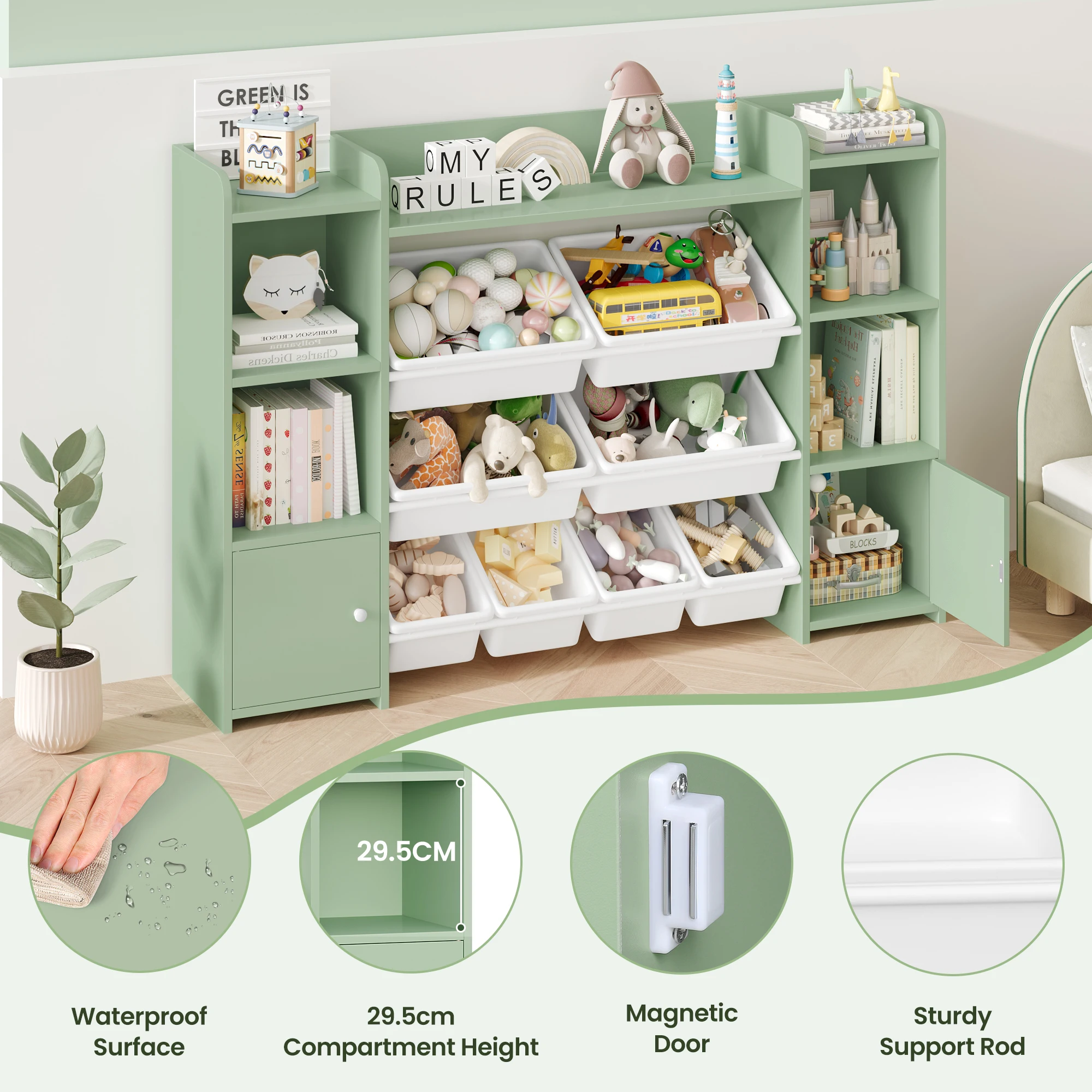 وحدة تخزين ألعاب Getone خزانة كتب للأطفال منظم ألعاب تخزين للأطفال مع 8 صناديق قابلة للإزالة وأرفف تخزين لغرفة المعيشة وغرفة اللعب 138.8 × 29.6 × 94.3 سم