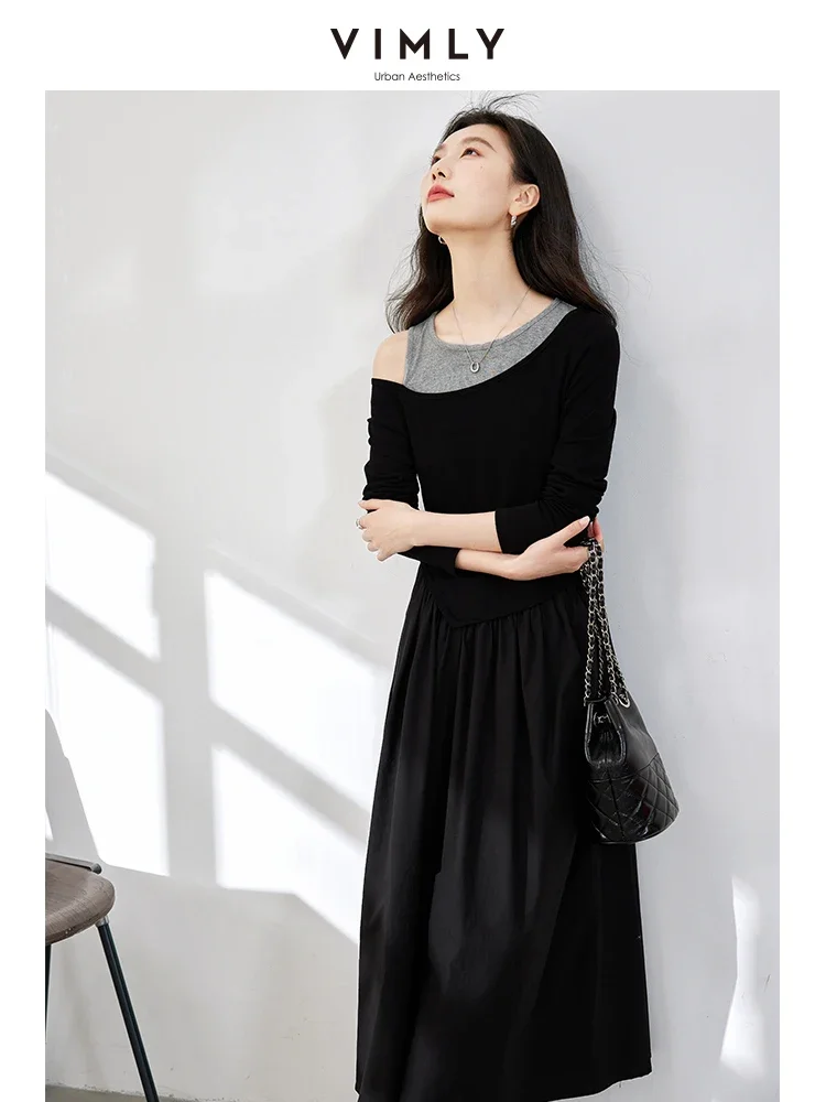 VIMLY Women\'s Casual Patchwork Fake Two Pieces Knitted Dresses Autumn Fashion Commuter One-Shoulder Waisted Splicing Dress