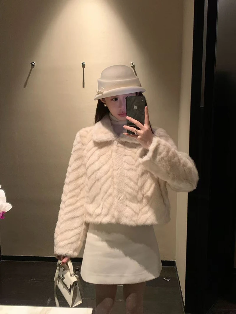 Chic Cream Women Faux Fur Jacket Lapel Collar Button Down Coat Long Sleeve Cropped Loose Luxury Cozy Winter Outerwear Top