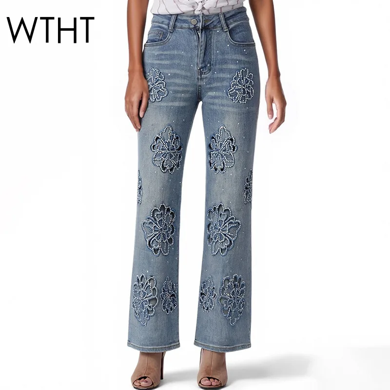 

WTHT New Fashion Women's Diamonds Hollow Out Flower Straight Jeans 2026 Spring High Waist Wide Leg Denim Pants Female 1LS2915