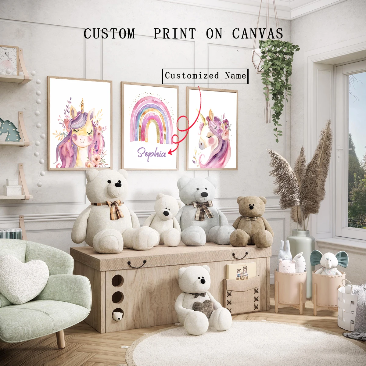 

3pcs Unicorn Theme Personalized Name Customized Girls' Bedroom Wall Decorations Pink Series Canvas Paintings Holiday/Birthday Gi