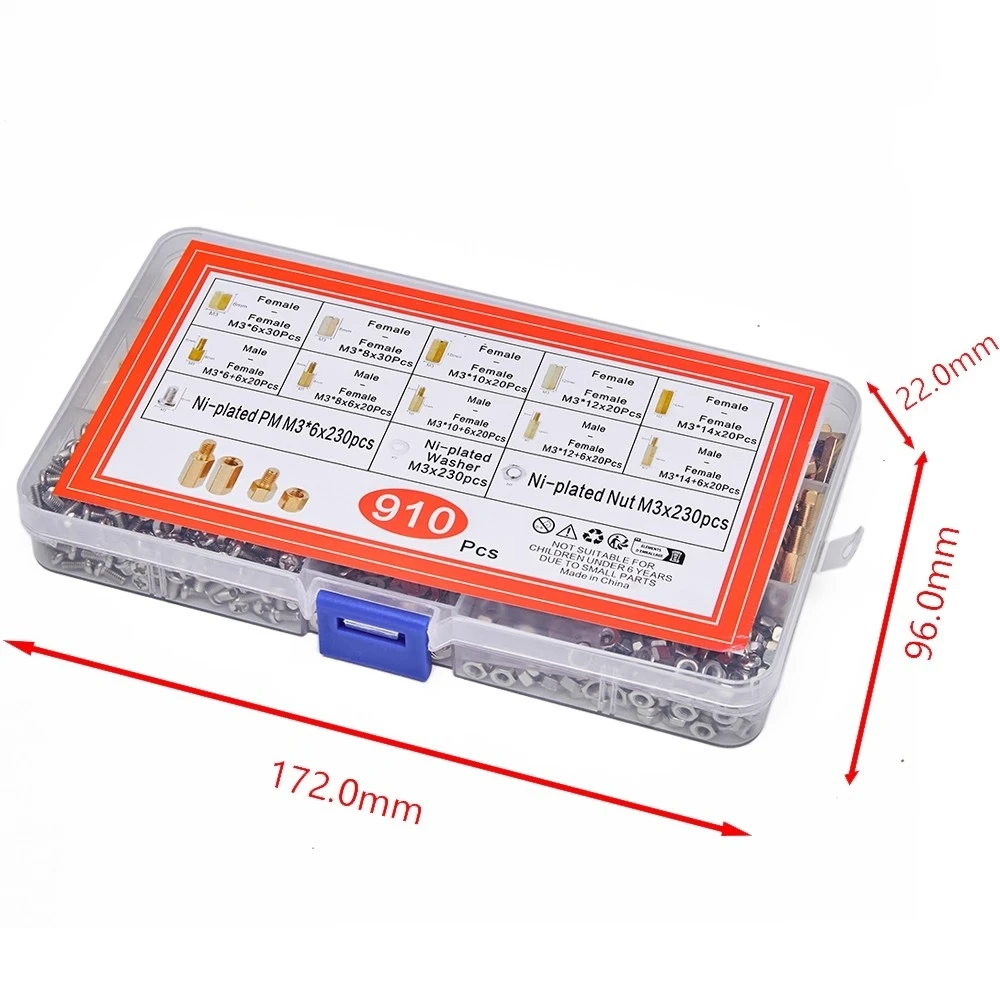 910 шт. M3 * 6 8 10 12 14 медные винты с шестигранной головкой и головкой в штучной упаковке, комбинированная коробка для образцов