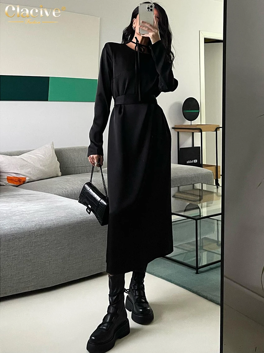 Clacive Fashion Loose Black Women\'S Dress Elegant O-Neck Long Sleeve Office Ankle-Length Dresses Casual Classic Female Dress