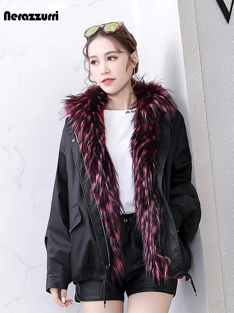 Nerazzurri Winter Black Thick Warm Faux Fur Lined Parka Women with Detachable Faux Rabbit Fur Lining Inside Fluffy Jacket 2024