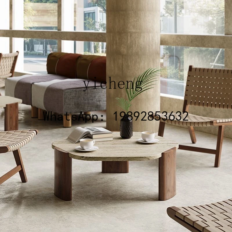 

X6 Natural Travertine Coffee Table for Living Room, Small Household, Polygonal Mid-Century Style, Solid Wood