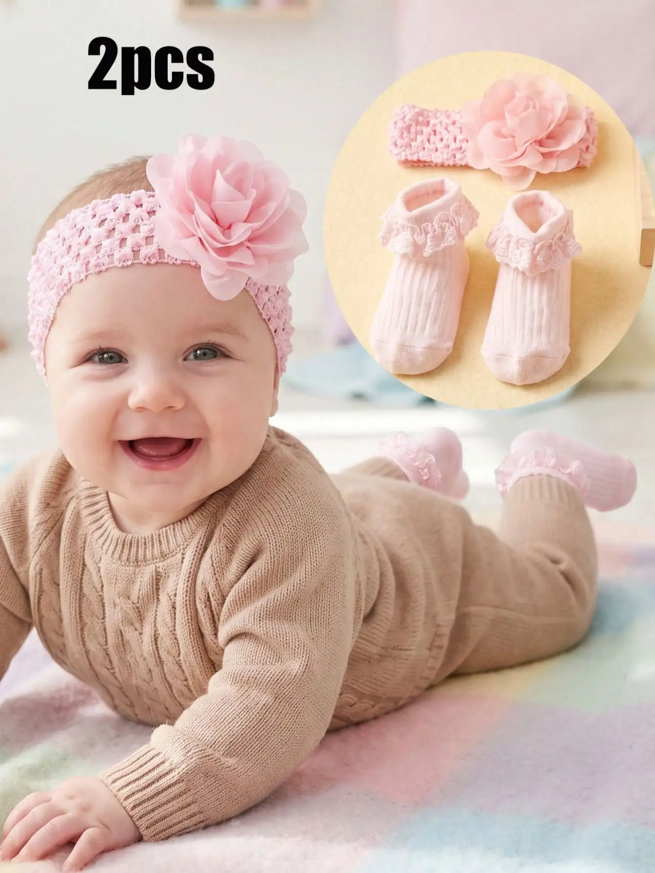 2Pcs Baby Girls Cute Set, Floral Socks & Flower Headband Kit for 3‑12M Infants, Lovely Birthday Gift Set for Baby
