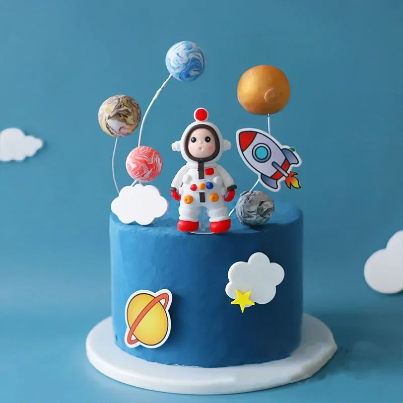 Planet Astronaut Theme Birthday Cake Decoration Planetary Clay Cake Toppers Kids Happy Outer Space Birthday Party Decorations