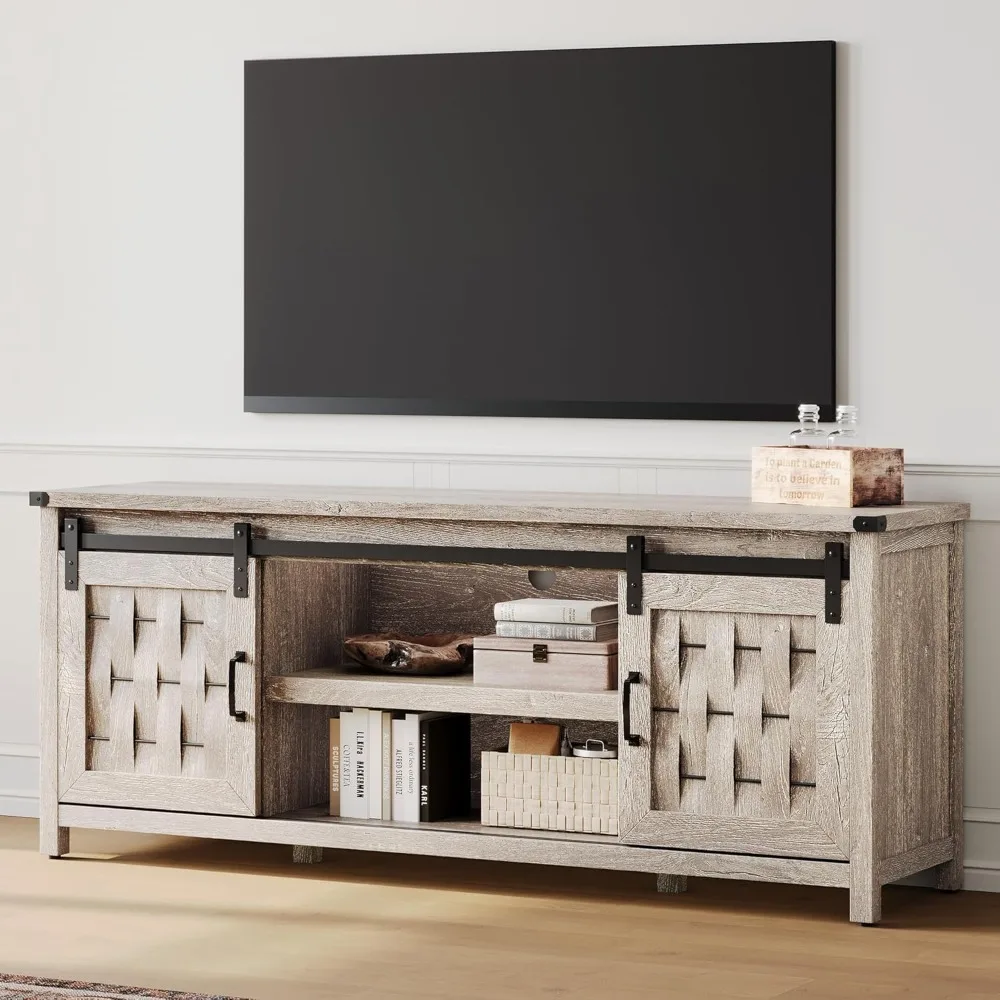 LINSY Home Farmhouse TV Stand for 65+ Inch TV, Entertainment Center with Sliding Barn Door, Media TV Console Table with Storage