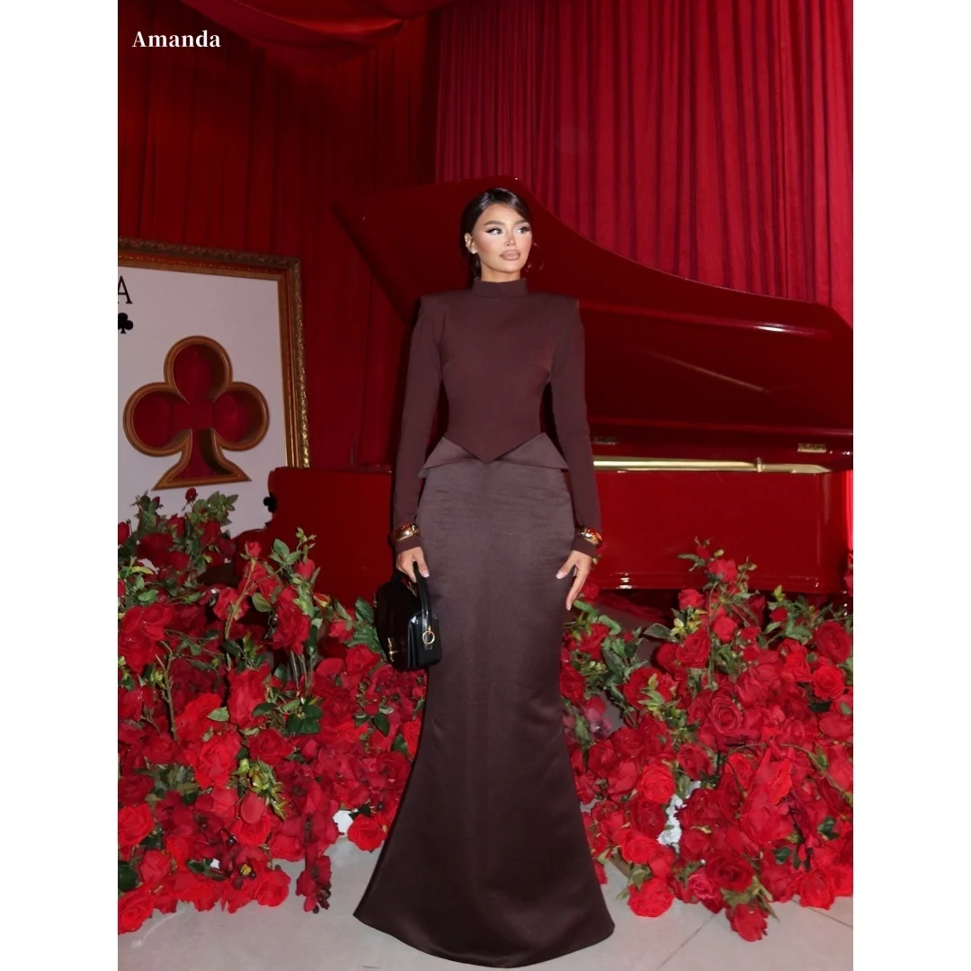 Amanda Customized Red Mermaid Shoulder Pads Prom Dress Long Sleeves vestidos de noche Satin Floor-Length Formal Evening 2025