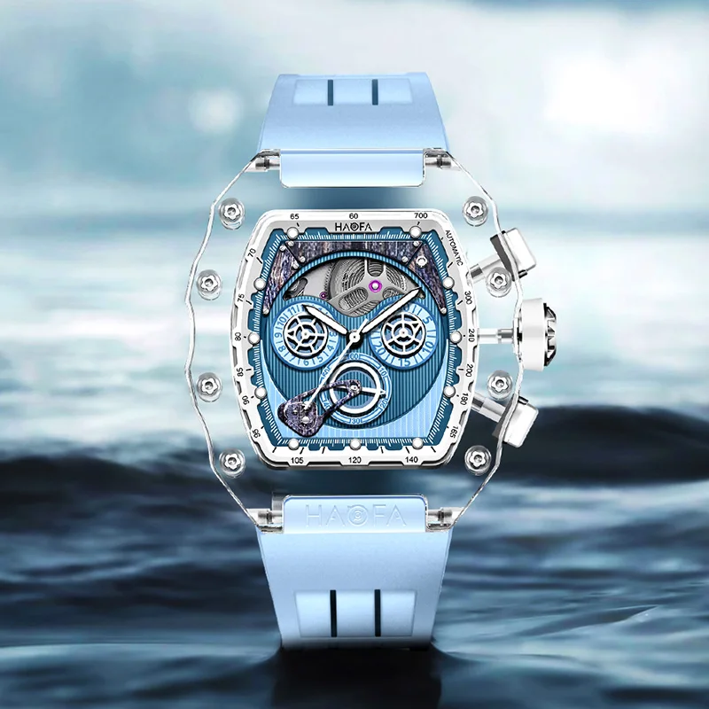 Haofa Crystal Chronograph for Men Creative Yacht Multi-function Dial Automatic Mechanical Movement Wristatch Casual Dress 2368