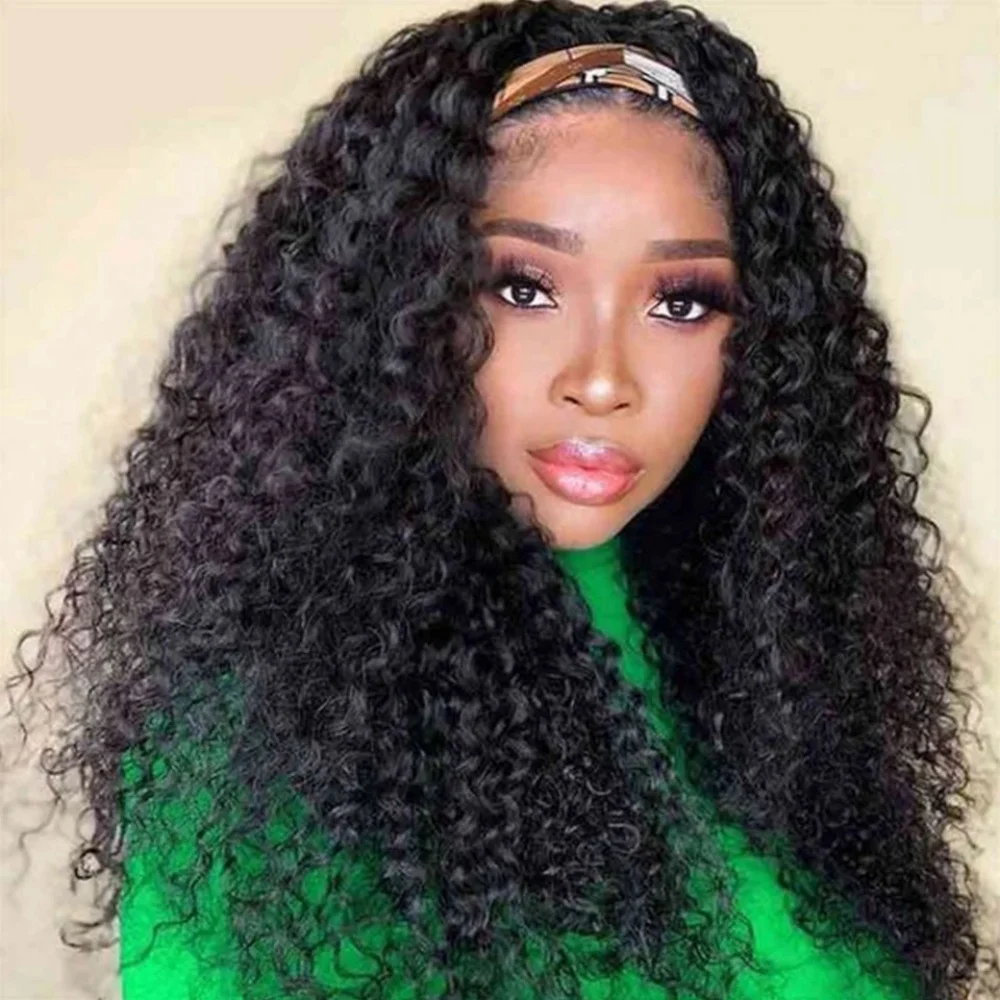 

Kinky Curly Human Hair Headband Wig For Women 180% Density Full Machine Made