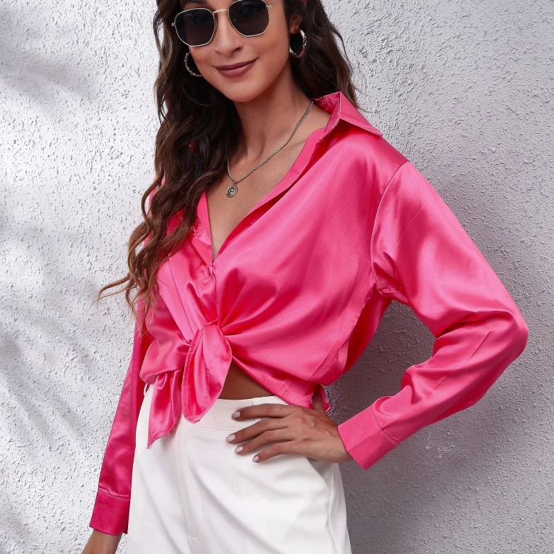 

FSMG-silk shirt for women,Pure color smooth surface,Button up collar,Long-Sleeve satin blouse,Trend and Casual for Spring/Autumn