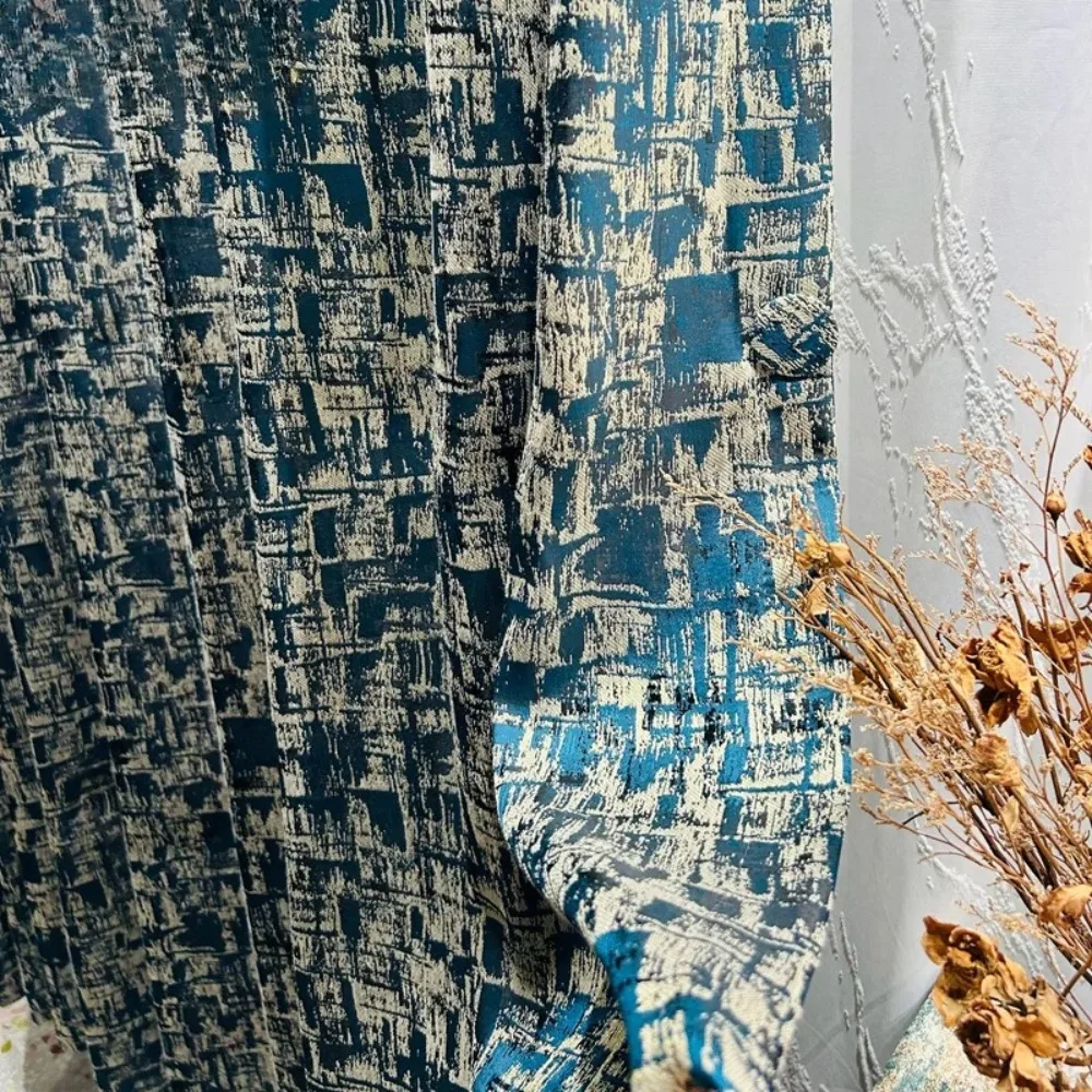 

American Metal Jacquard Blue-green Thickened Blackout Curtains for Living Room Bedroom French Window Balcony Window Customized