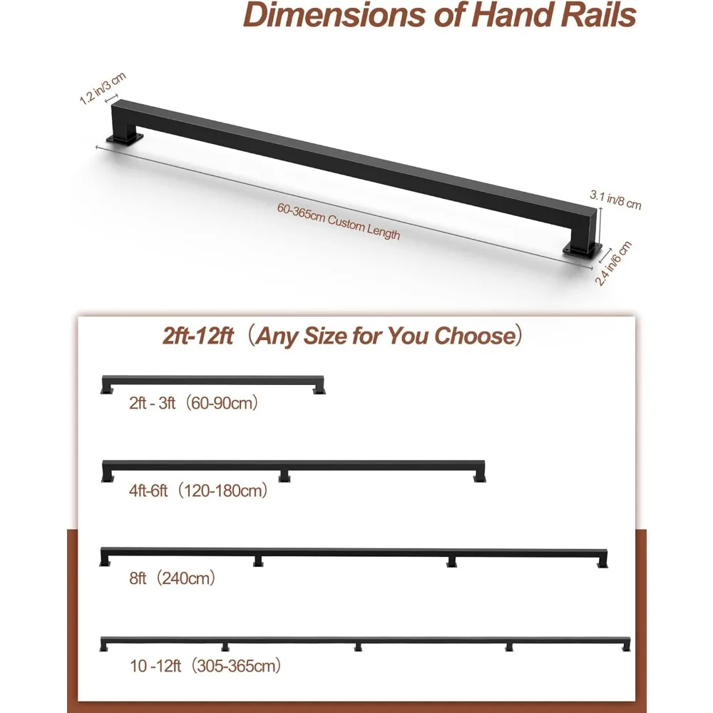درابزين درج داخلي معدني صناعي، أنبوب مربع أسود غير لامع، سعة تحميل 500 رطل، حاجز أمان مثبت على الحائط #2