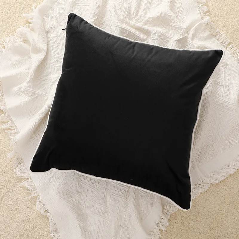 High Quality Black and White Velvet Hemming Pillowcase Simple Nordic Style Pillow Cases 60x60 Modern Light Luxury Cushions Cover