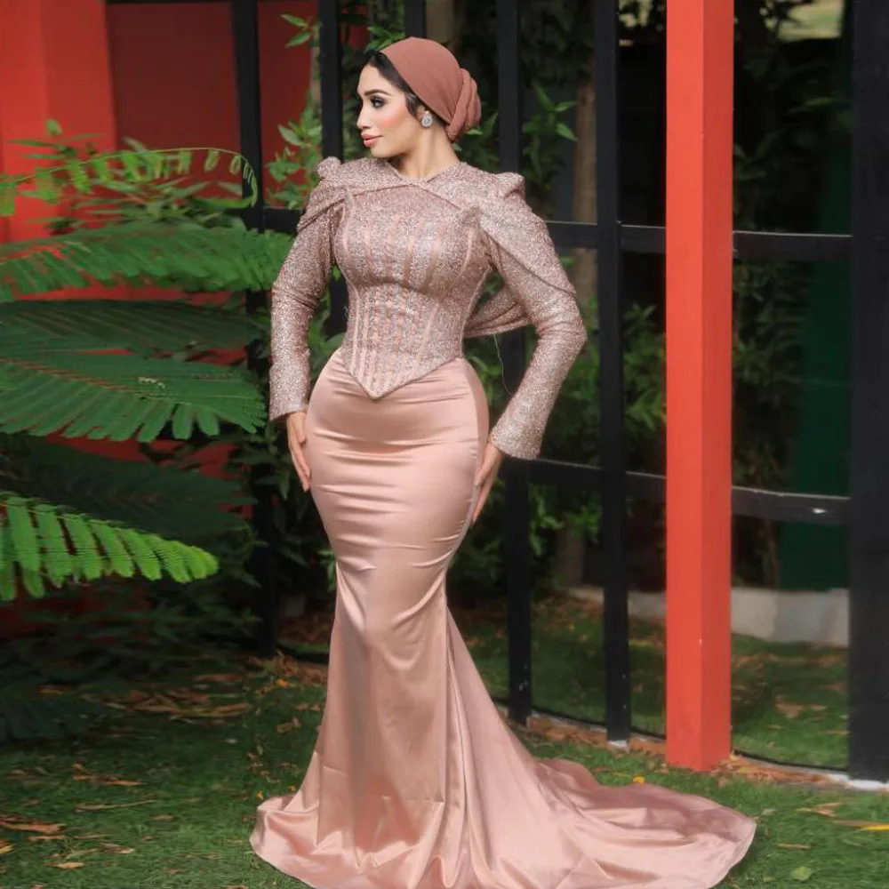 

Корсетные обручальные платья по индивидуальному заказу, вечернее платье с накидкой и пайетками, вечернее платье с круглым вырезом и баскской талией, хиджаб, вечернее платье