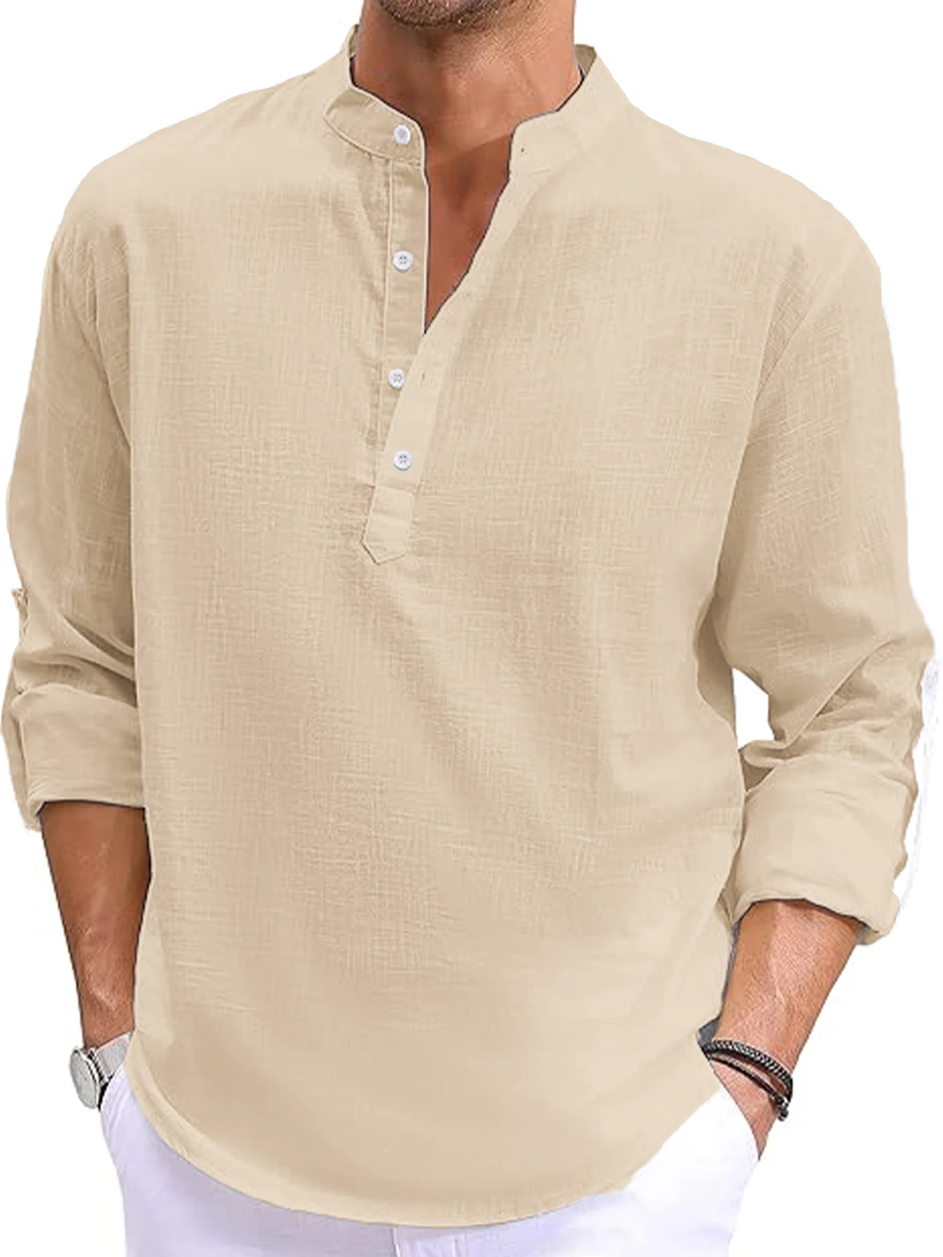 Neue Men Linen Long Sleeve T-Shirt Cotton Solid Color 5
