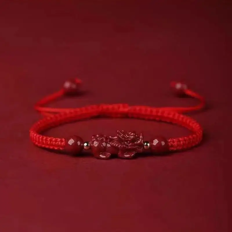 Zinnober-Pixiu-Armband mit handgeflochtenem Seil, Glücksbringer, rotes Armband für Damen und Herren, Schmuckzubehör. – Detail 2