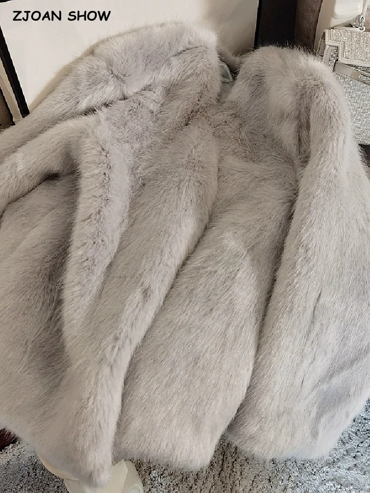 Winter Silver Gray V Neck Hairy Shaggy Faux Fox Fur Jackets Vintage Full Sleeve Furry Warm Coat Loose Short Outerwear