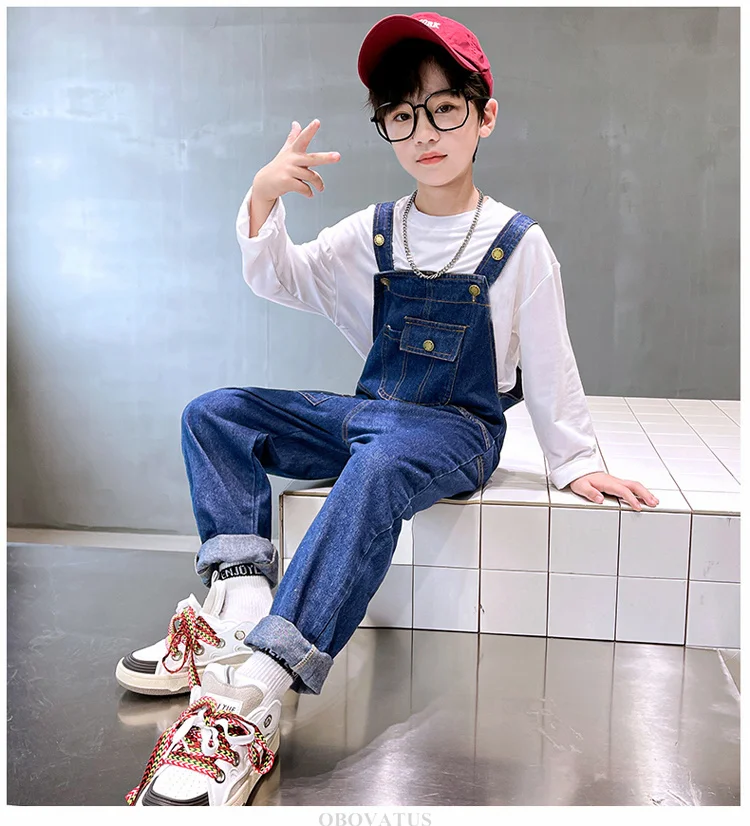 Modische Jeans-Latzhose für Jungen und Mädchen, Kinder Retro Dunkelblau Jeans-Overall mit Trägern, Coole Streetwear Latzhose für Kinder – Detail 8