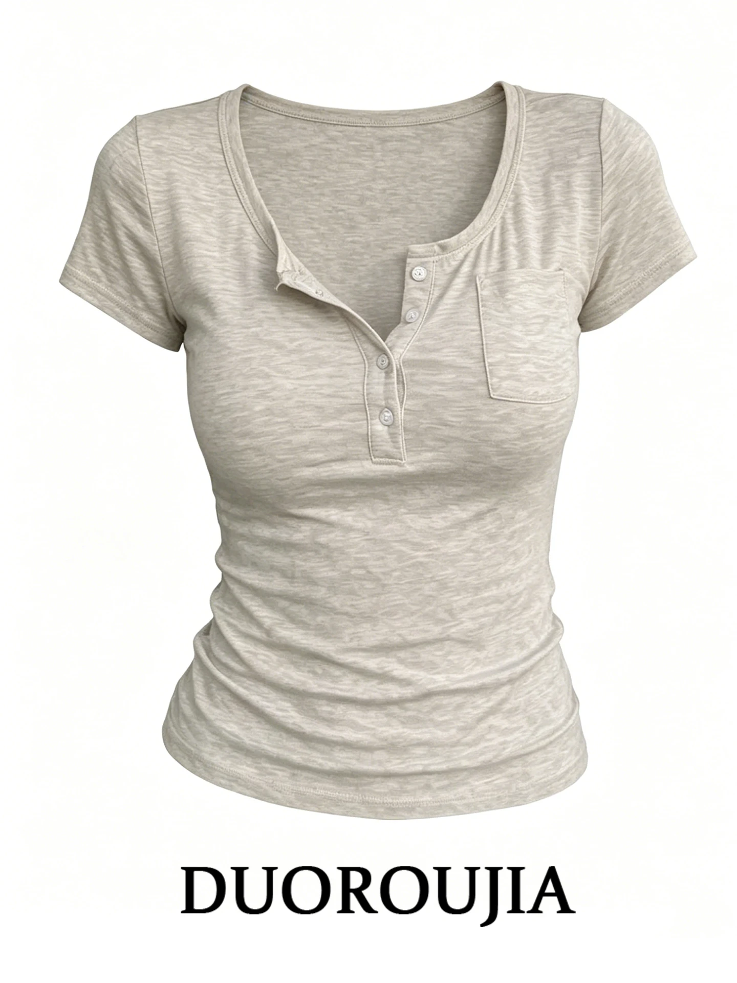 

DUOR plus Size American Retro Henry Collar Short Sleeve T-Shirt Women Summer Slimming Top with Pocket Button Design