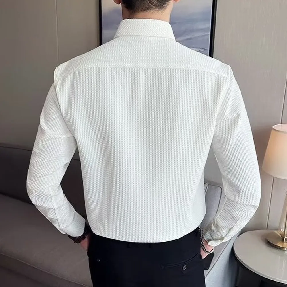 Men Tops Simple Solid Color Waffle Long Sleeve Lapel Collar Shirt Man Autumn Casual Business Shirts Single-breasted
