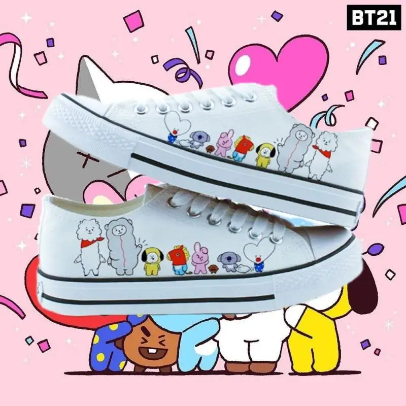 New Kawaii Bt21 Casual Canvas Shoes, Hand-Painted Cartoon Flat Shoes, Student Daily Versatile Comfortable Sports Shoes, Low Tops