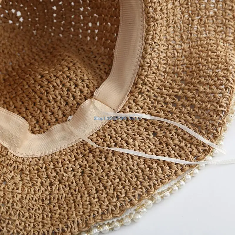 

N7YF Pearl Decor Crochet Bucket Hat Multicolor Foldable Wide Brim Hat Cool Cap