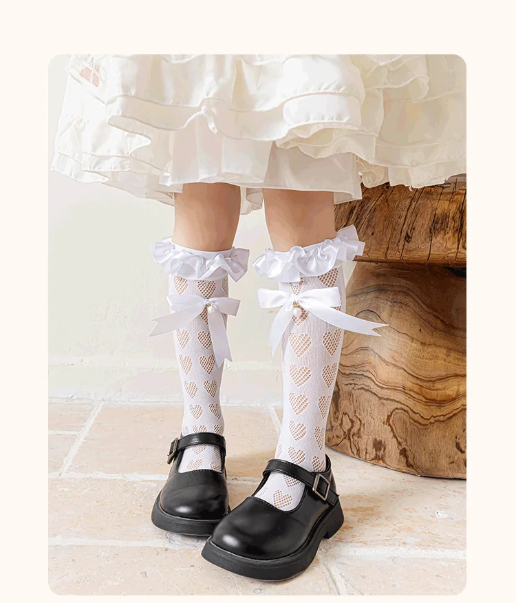 Baby Kinder Großer Perlenanhänger Lange Lolita Socken Hohle Netz-Herz-Overknee-Socken mit Schleife Prinzessin Mädchen Kawaii Strümpfe – Detail 7