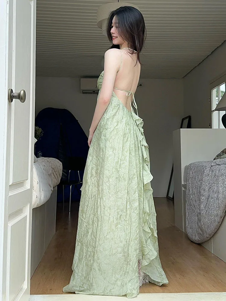 Francuski styl niszowy wykwintna zielona sukienka z dekoltem w szpic damska letnia wakacje na plaży seksowna długa sukienka bez pleców