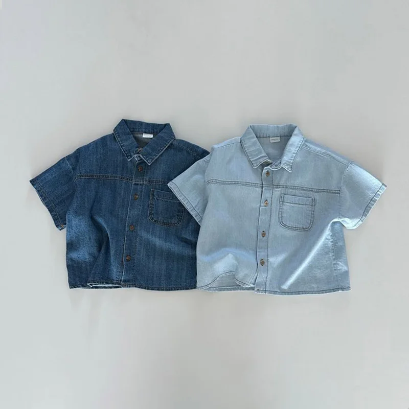 

Children's Set 2023 Summer New Cotton Boys And Girls Short Sleeve Denim Shirt With Shorts Set Versatile Fashion Two Piece Set