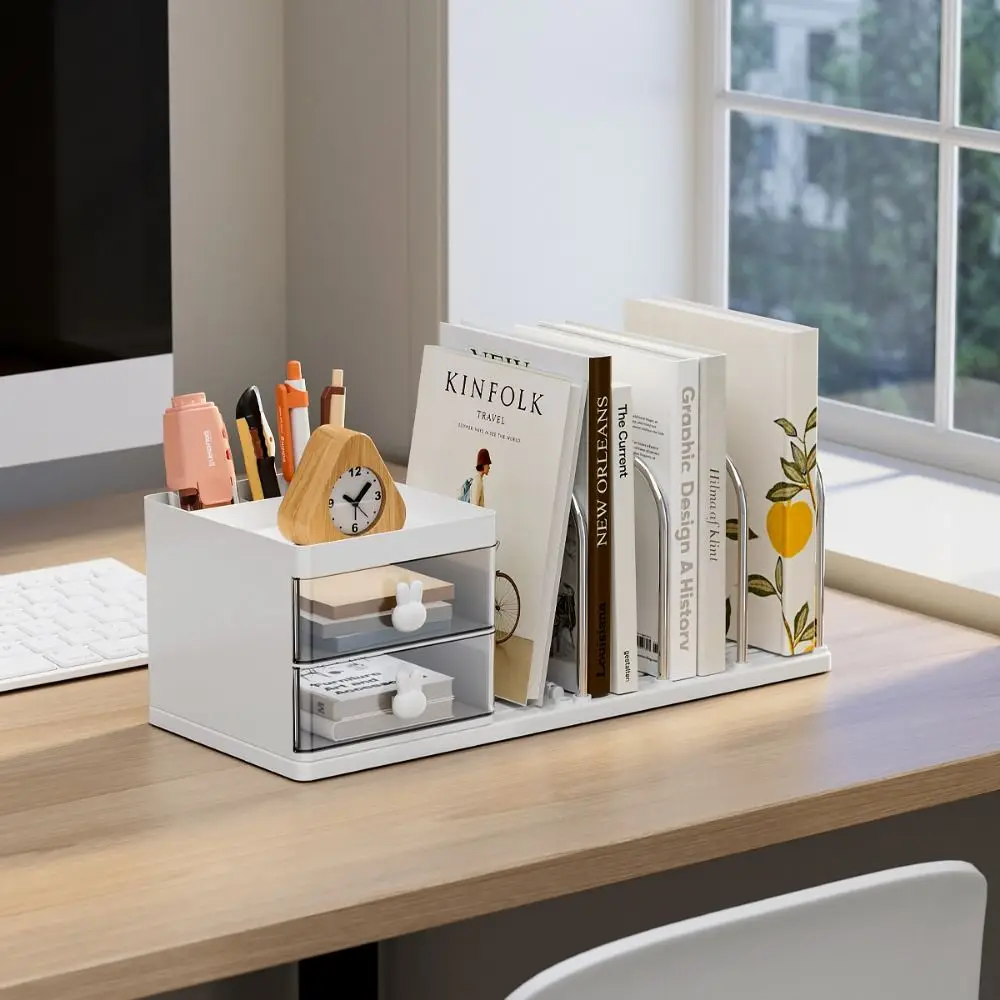 

Six Grids Bookend Book Holder Save Space Durable Desk Stand Bookshelf with Storage Box Practical Books Storage Rack Home Room