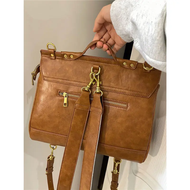 Richme Vintage British Style Women\'s Bag 2022 Trend Students Brown Satchels Fashion Multifunction Individuality Backpacks Female