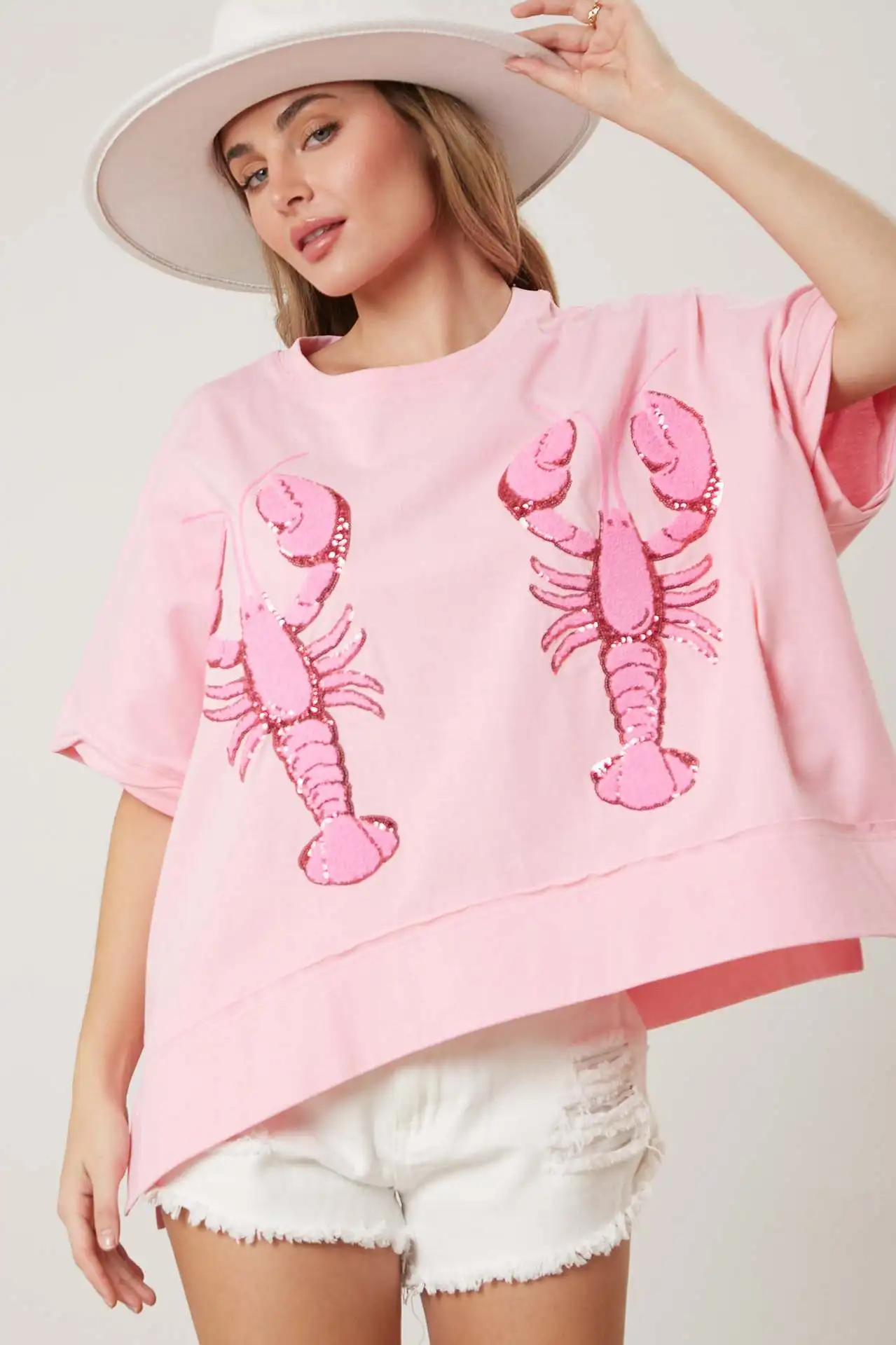 Loose Pink Cute Casual Top With Lobster Sequins T-shirt Fashion Streetwear Short Sleeve Tees Cotton Blend