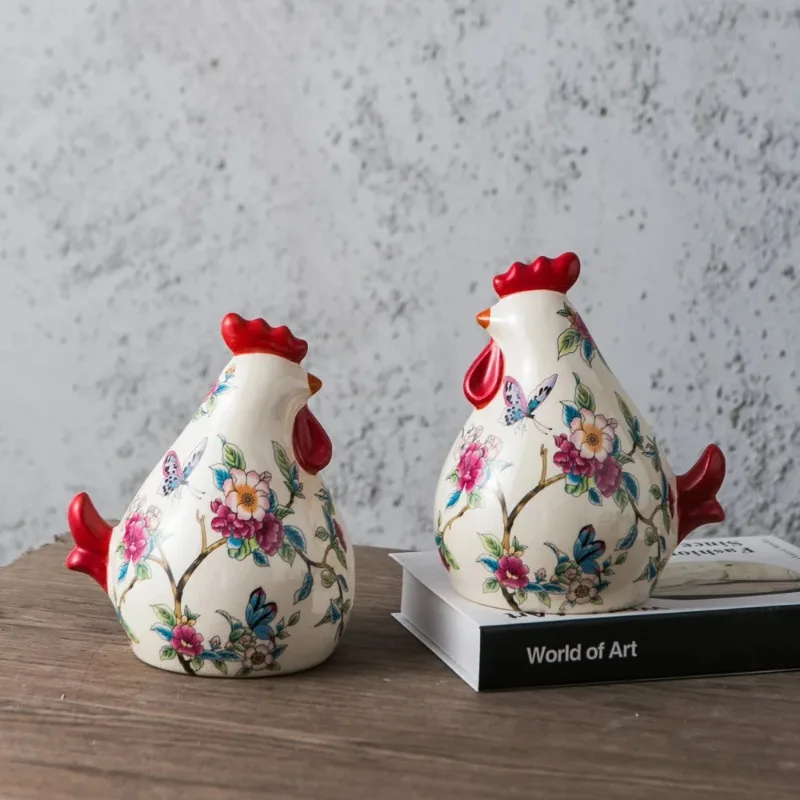 Ceramic Ornaments Simulation Animal Sculpture Blue and White Porcelain Chicken Rooster Painted Handicrafts Home Accessories
