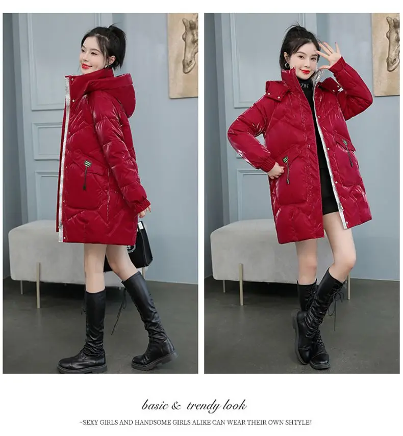 2026 Winter New Gloss Cotton Jacket Women's Medium to Long Korean Loose Coat Lady Thick Hooded Coats Female Warm Parker Overcoat