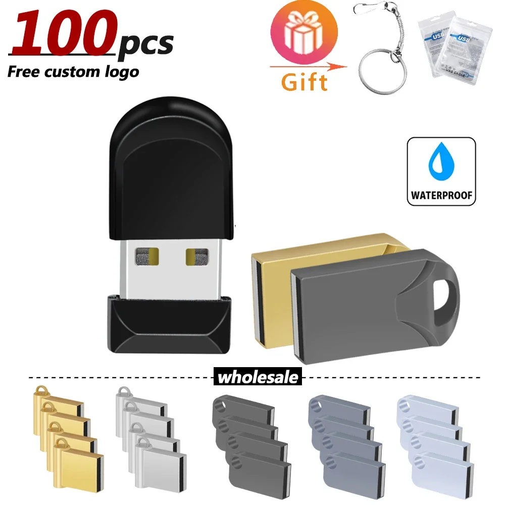 100pcs/lot 100% Full Capacity Mini USB 2.0 Flash Drive Tiny Pen Drive 64GB 32GB 16GB 8GB 4GB Pendrive Waterproof Usb Free Logo