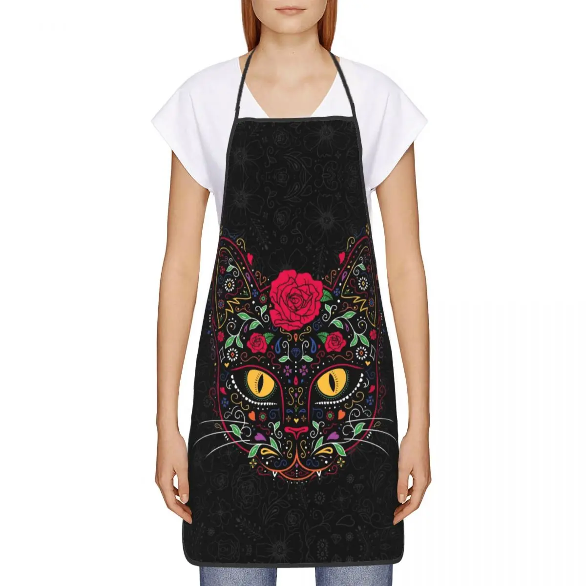 Funny Day Of The Dead Kitten Cat Sugar Skull Bib Apron Unisex Kitchen Chef Mexican Halloween Floral Tablier Cuisine for Cooking