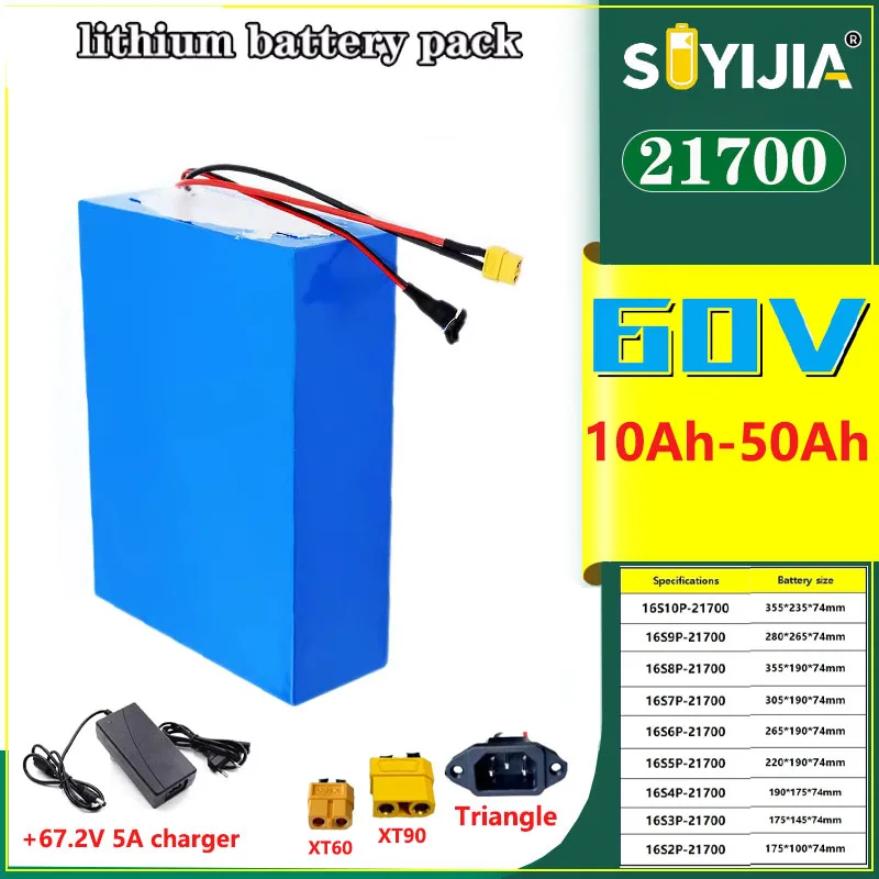 New 60V 50Ah 40Ah 30Ah 20Ah 15Ah 25Ah 35Ah 45Ah 21700 Li-ion Battery 50A BMS 3000W Electric Motorcycle Battery + 5A Charger