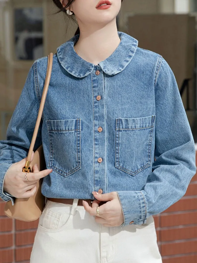 Korean style Vintage Denim Shirt Women Top Peter Pan Collar Blouse New Arrival Spring/Autumn Fashionable Blouse