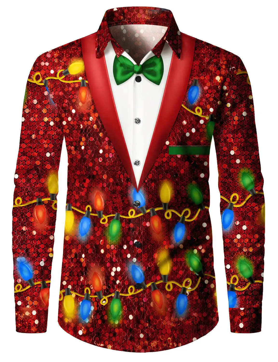 Novelty Casual | Christmas Costume Party | Funny Fake Suit Bow Tie Graphic | Men Long Sleeve Shirt