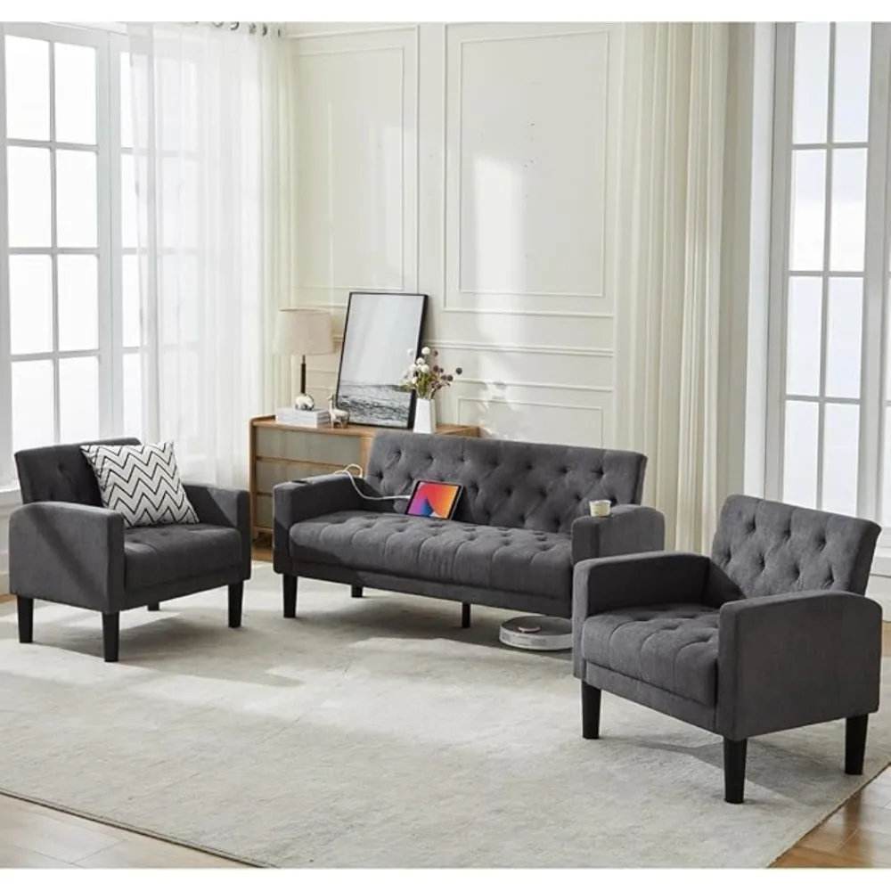 Mid-Century Modern Tufted Loveseat Sofa Set w/ 2 USB & 2 Cupholders, 3 Piece Living Room Furniture Sets for Bedroom Office