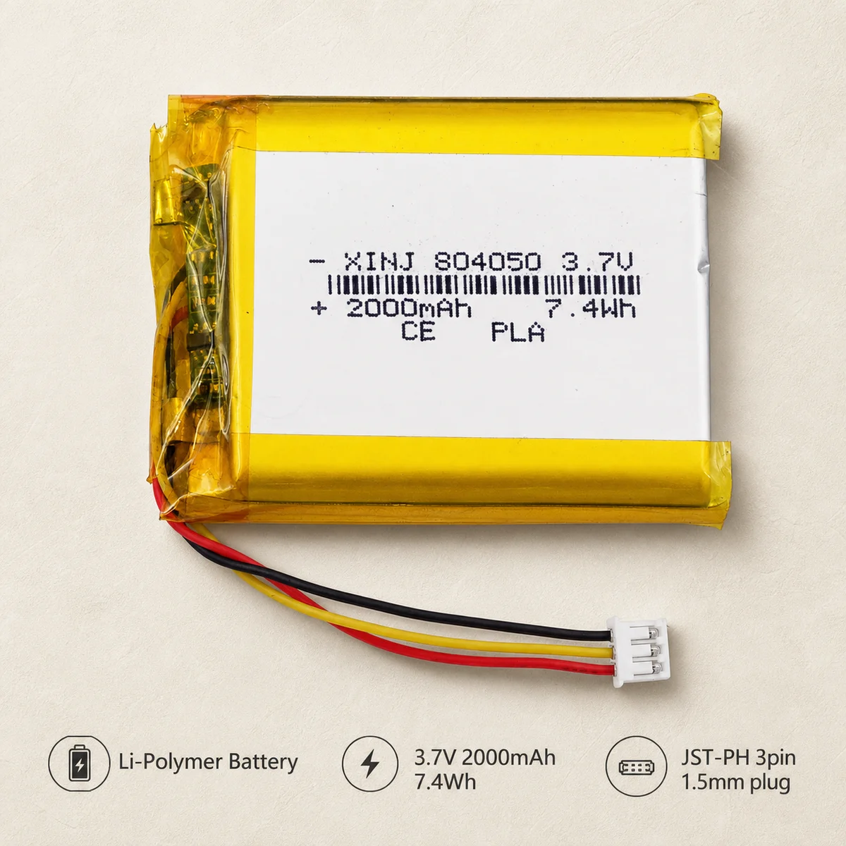 Rechargeable LiPo Battery 804050 3.7V 2000mAh 7.4Wh with NTC Thermistor JST 3Pin 1.5mm Plug for GPS Camera Tablet PC