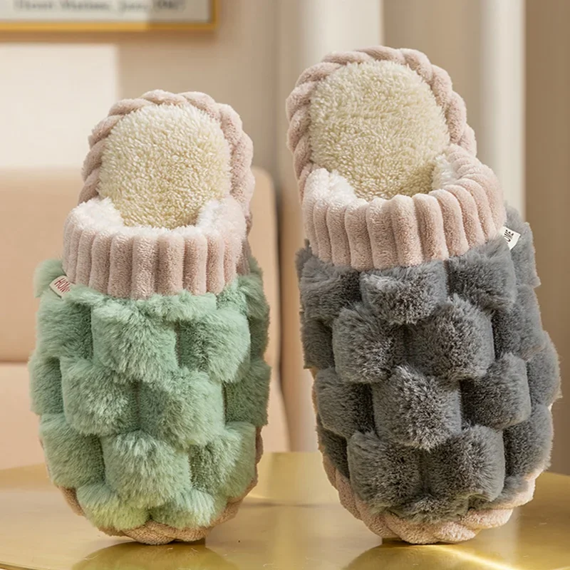 Fashion Couple Winter Toe Wrap Warm Plaid Cotton Slippers Thick Soft Sole Slides Men Women Indoor Floor Flat Home Non-slip Shoes view 6