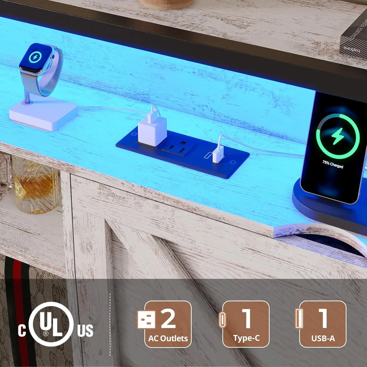 Cadre de lit Queen avec planche de sauna et égouts de proximité, lit Queen LED de ferme avec station de recharge USB-C/A, planche de sauna avec rangement GNE