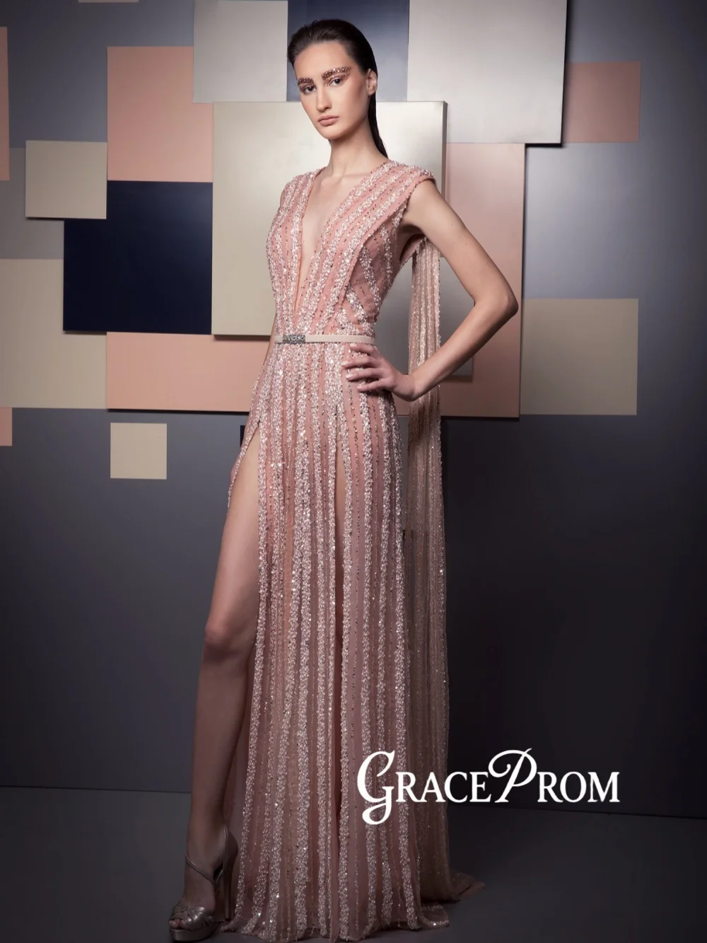 

Heavy Beaded Floor-length Evening Dress Sexy Deep V-neck High Slit Wedding Party Gown 2026 Customized Stunning Banquet Gowns