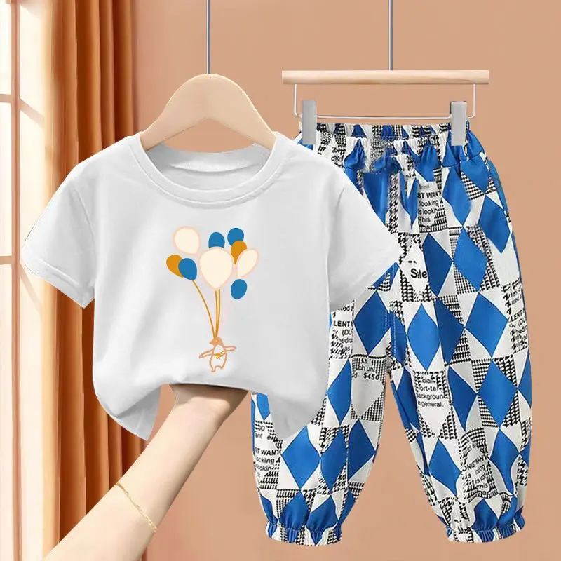 Children\'s Clothing Sets Balloon Print Short Sleeve Top + Diamond Print Trousers 2pcs  Kids Clothes Girls for 2 To 8 Years