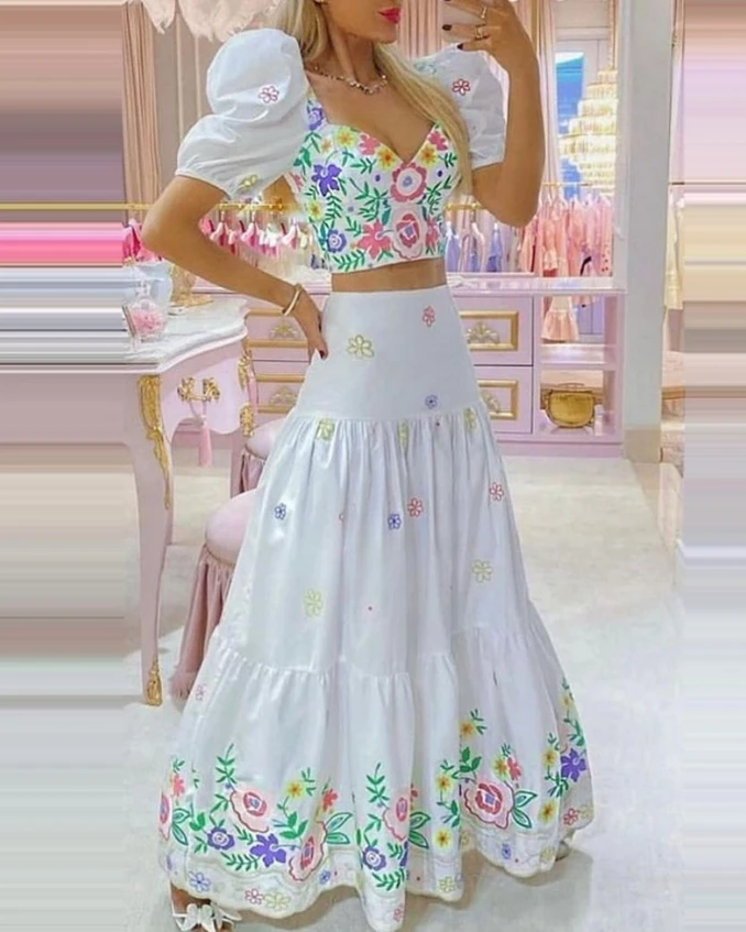 Sexy and Elegant Flower Printed Bubble Sleeve Open Navel Top and Pleated Skirt Set 2024 Summer Casual Women's Two Piece Set